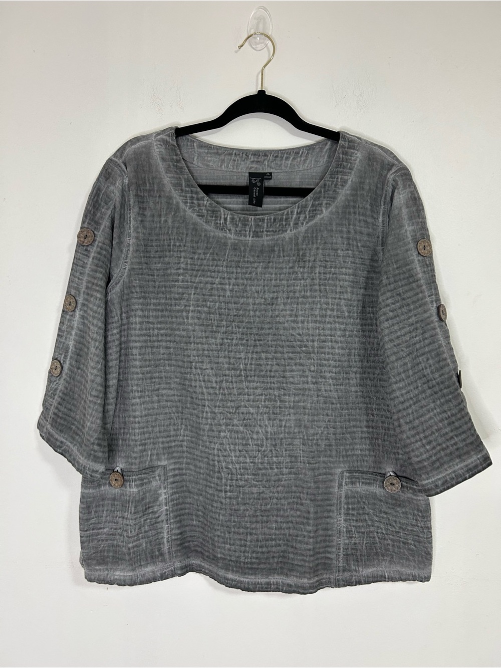 Focus Casual Life Gray 100% Cotton Gauze Tunic Top Medium 3/4 Sleeves Pockets